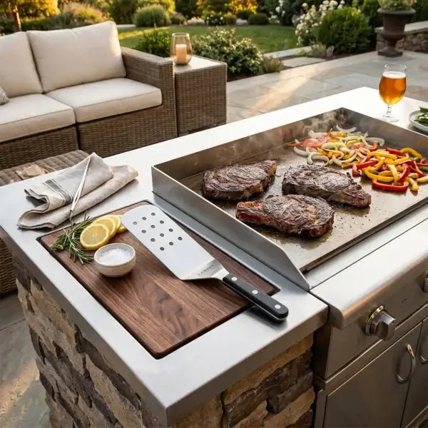 Stainless steel griddle with steaks and vegetables cooking set into an outdoor stone and metal kitchen island