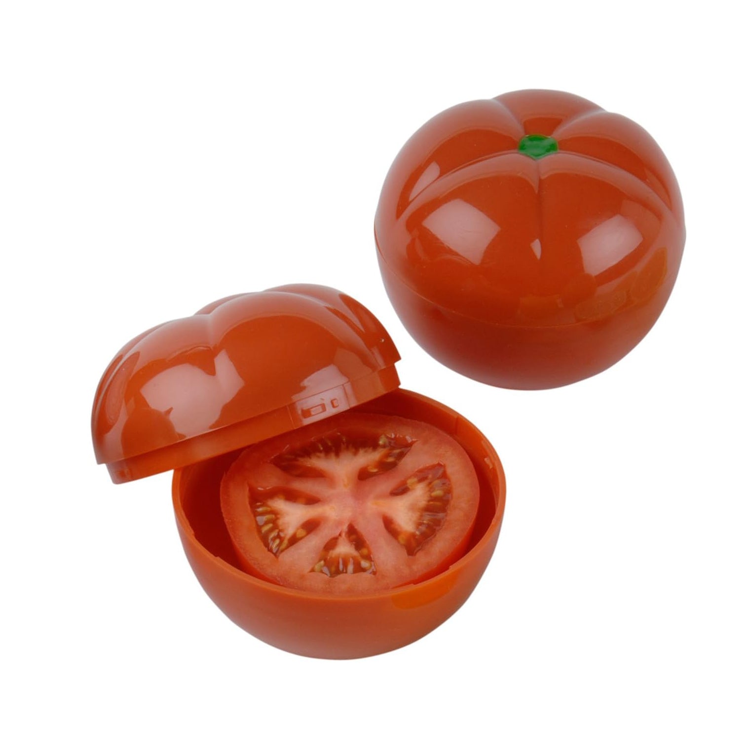 Orange plastic Hutzler Tomato Saver one closed one open showing a sliced tomato inside