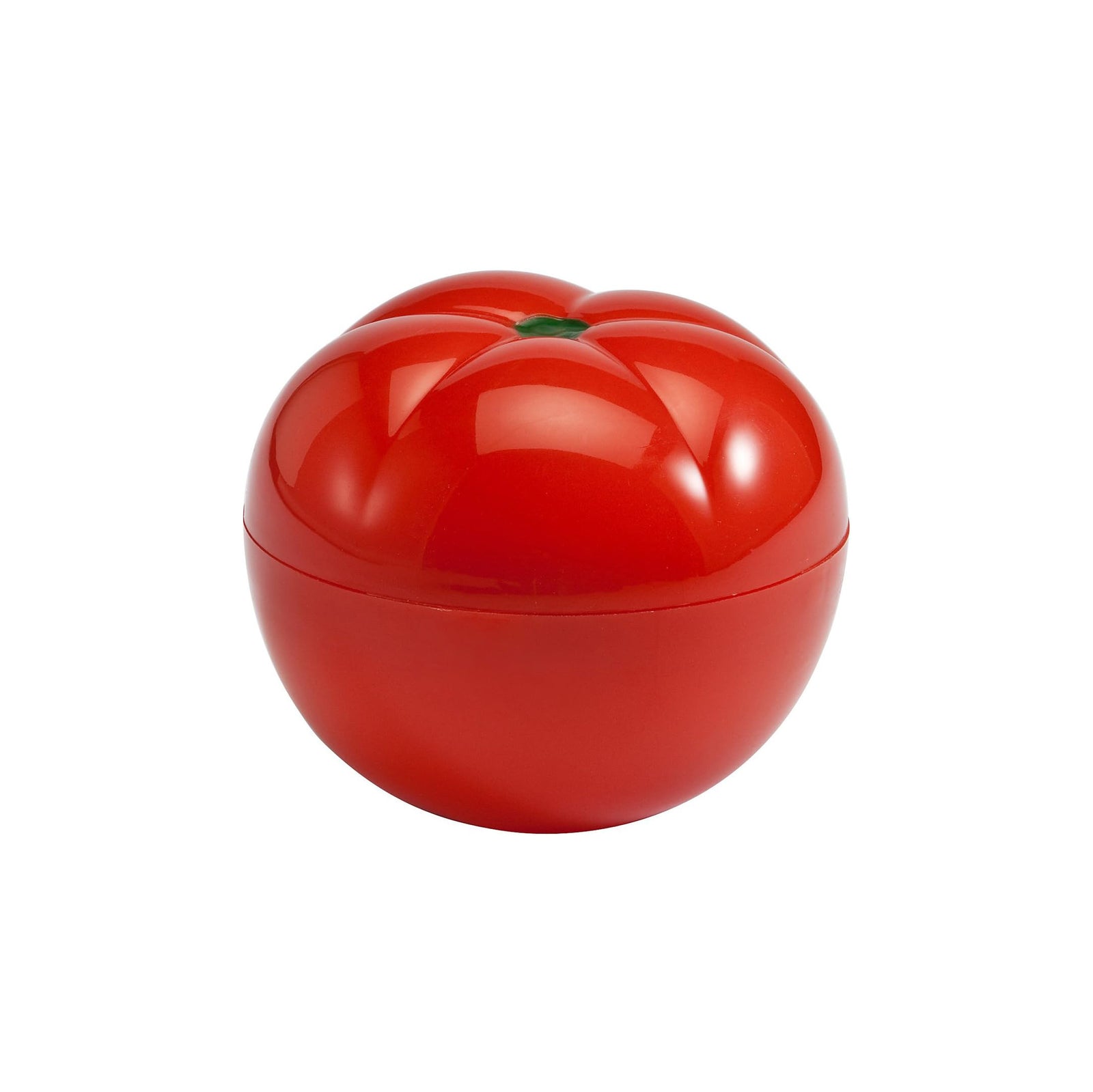Red plastic tomato-shaped veggie saver with a green stem detail on top