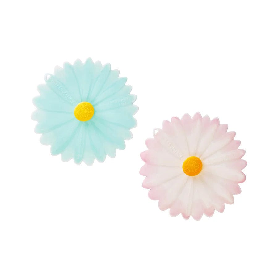 Set of 2 daisy drink covers one light blue and one light pink both with yellow centers