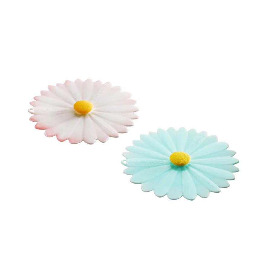 Set of 2 daisy drink covers one pink and one blue both with yellow centers