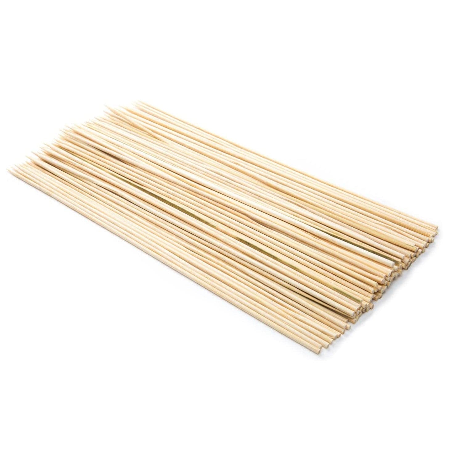 Pile of 10-inch light brown bamboo skewers for BBQ with pointed tips visible