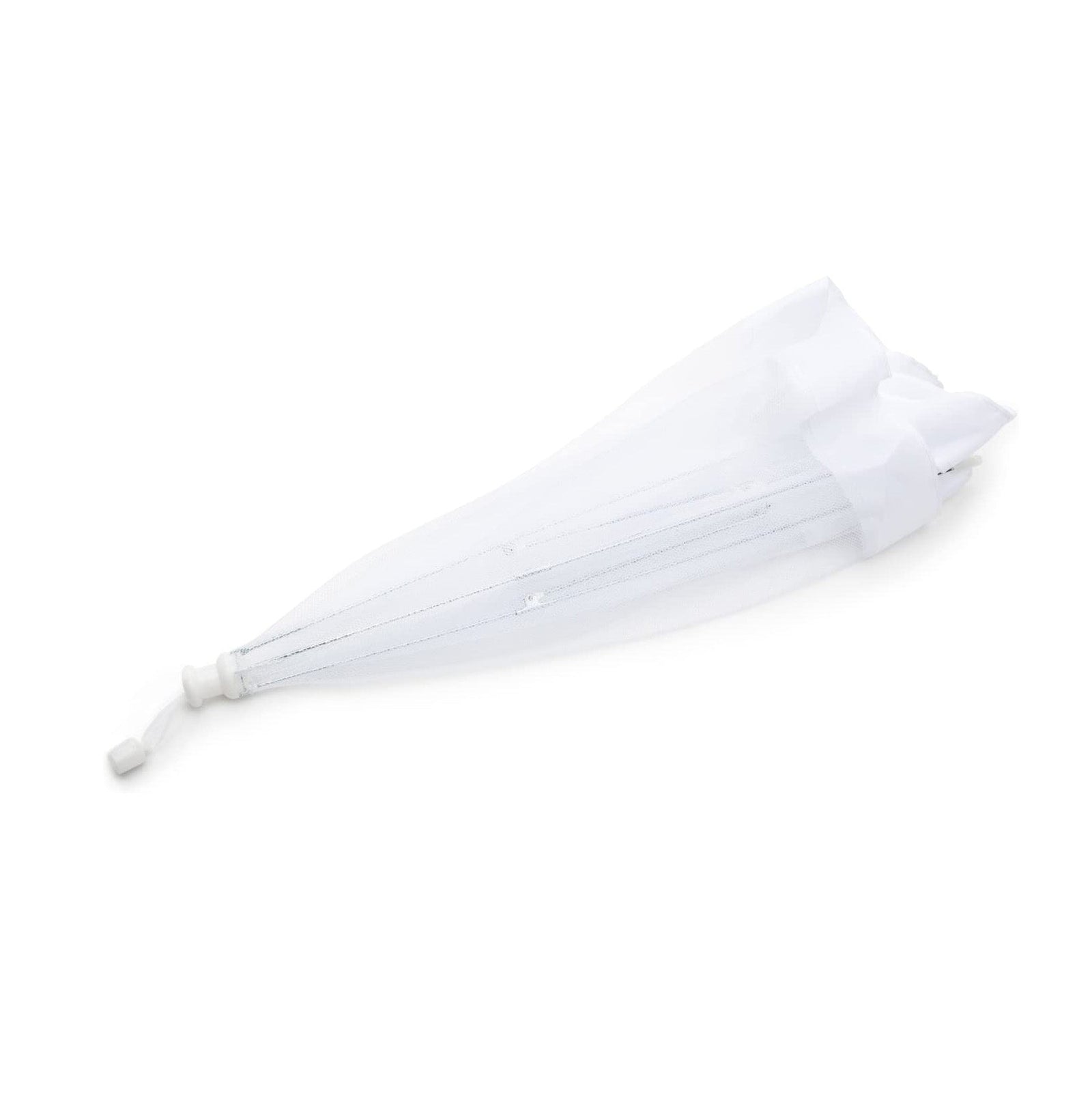 White food umbrella 24 square BBQ tool collapsed in its white drawstring storage sleeve