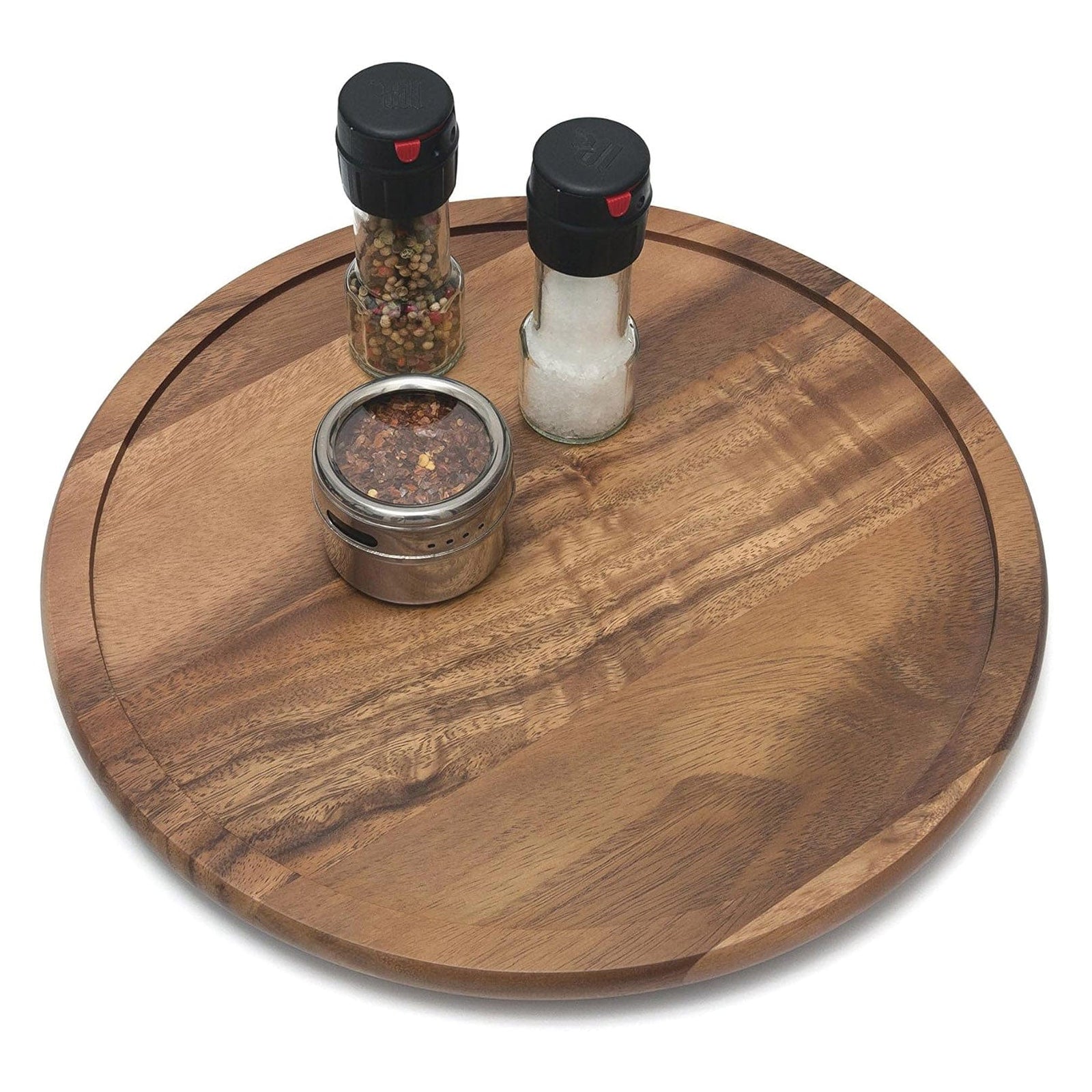 14-inch round acacia wood kitchen turntable with a natural wood grain and subtle carved rim shown with spices