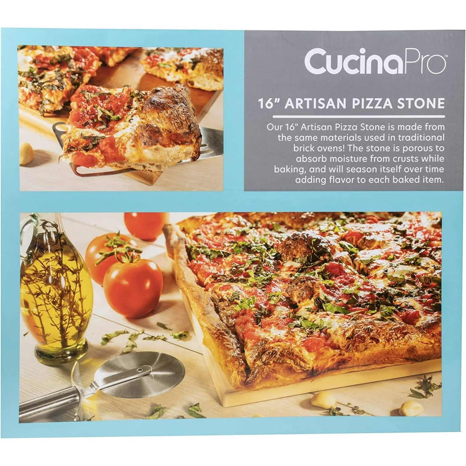 CucinaPro 16 x 14 rectangular pizza stone with a thick crust pizza tomatoes olive oil and pizza cutter