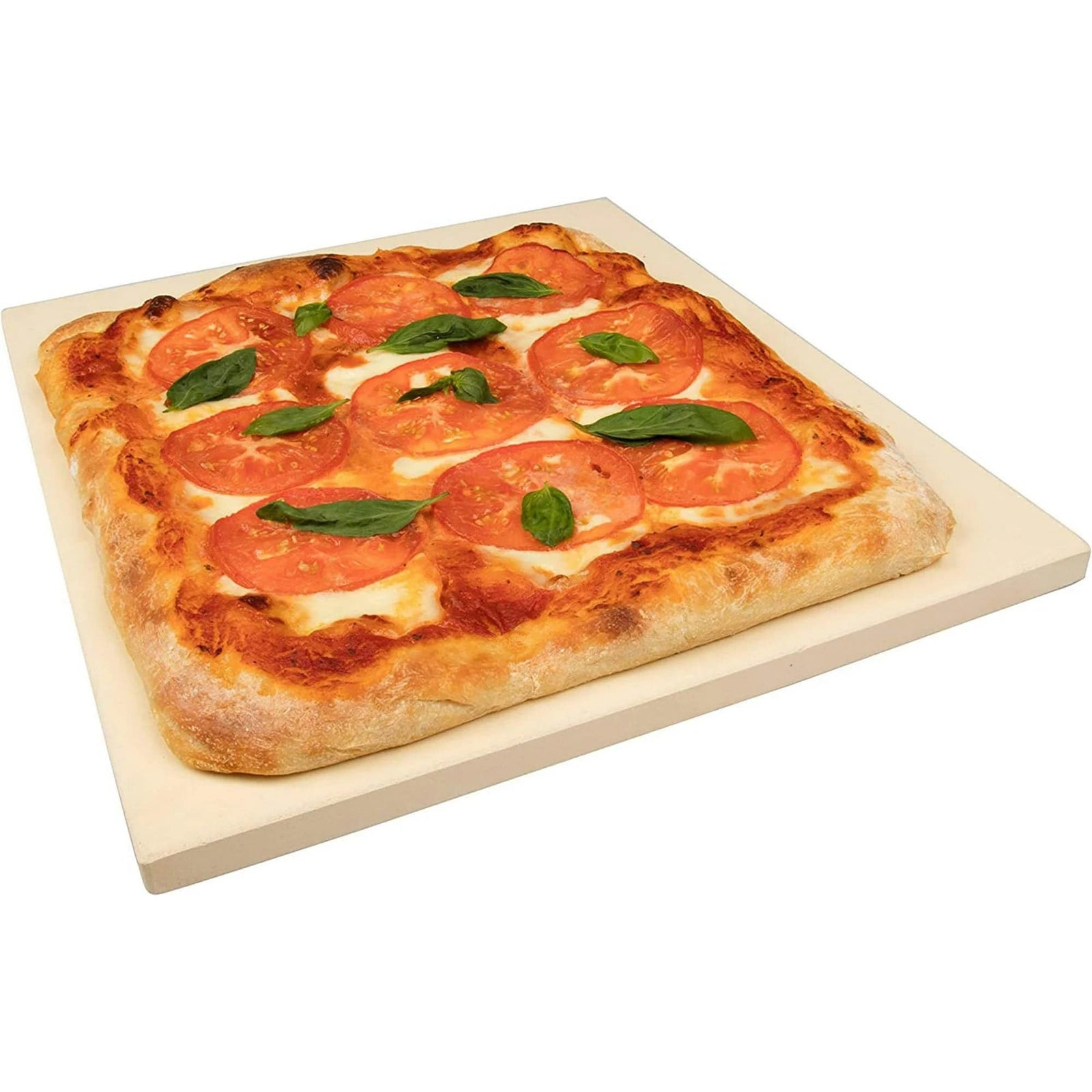 CucinaPro rectangular pizza stone in light beige shown with a cooked pizza topped with tomatoes and basil