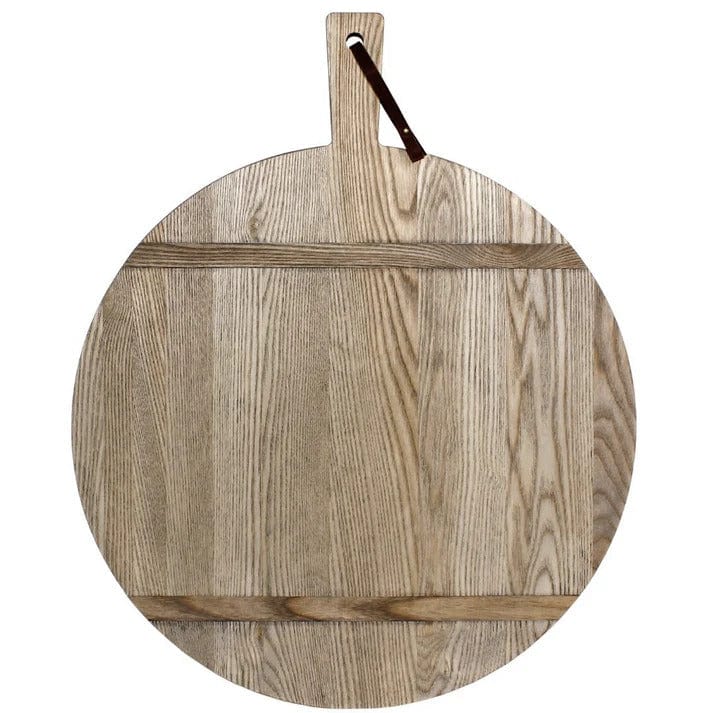 Round ash wood serving board with handle and leather strap