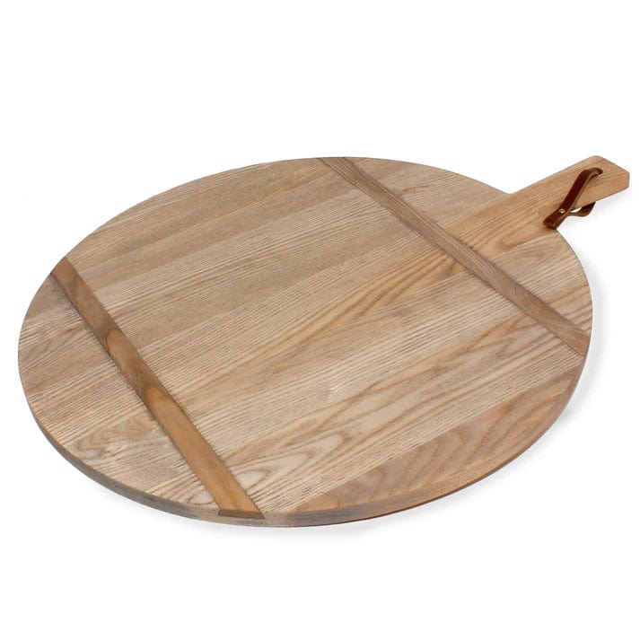 19-inch round ash wood serving board with handle and brown leather strap