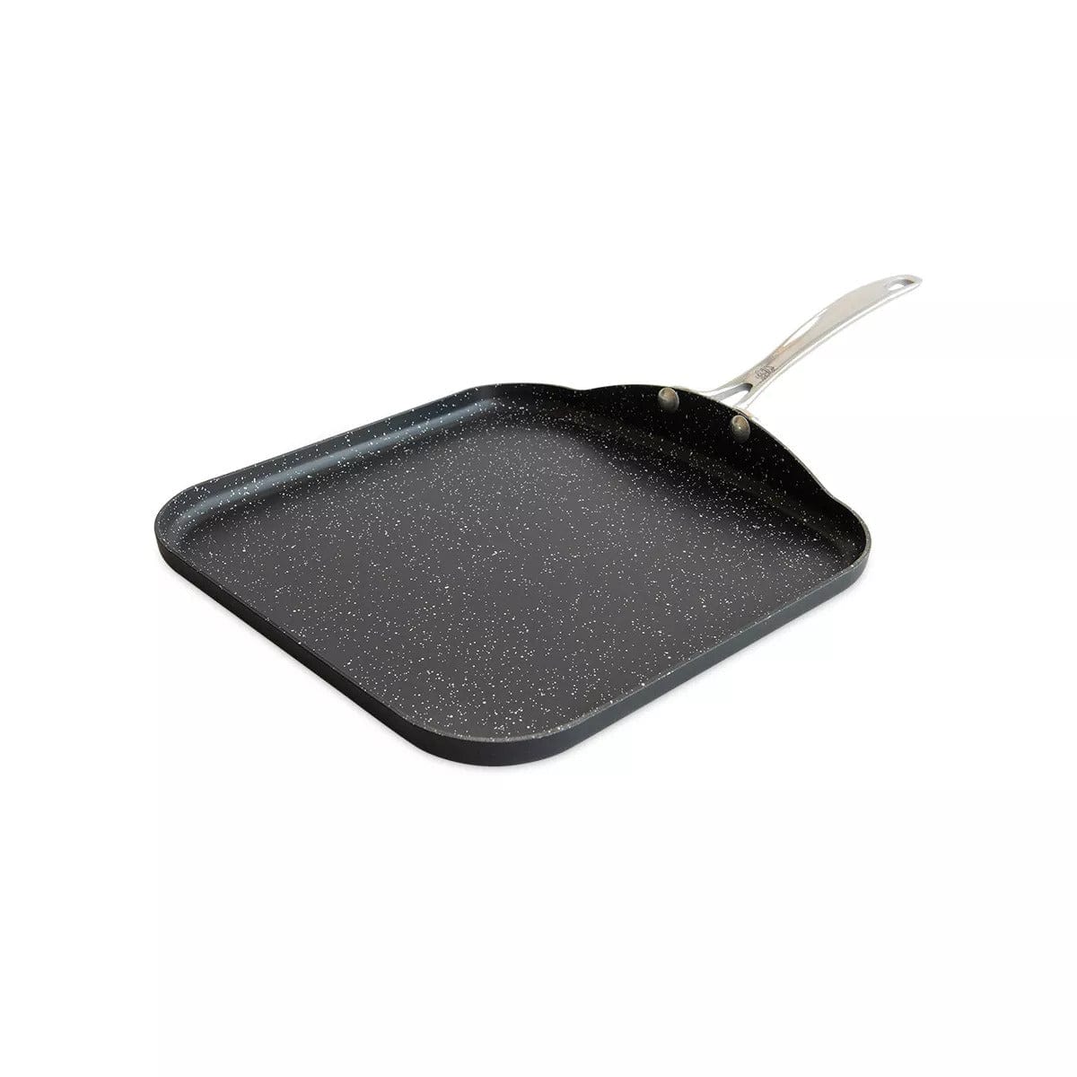 Nordic Ware Basalt 11 square griddle with a speckled black surface and a silver metal handle