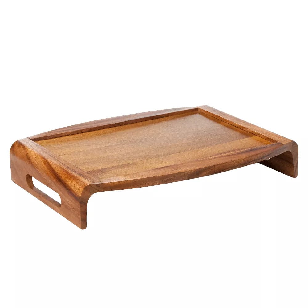 Acacia wood serving tray with cut-out handles and curved sides natural brown finish
