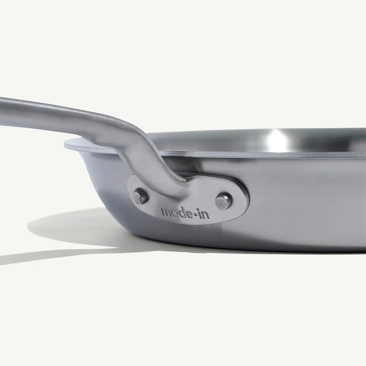 MADE IN 10 Stainless Clad Frying Pan with handle riveted to pan made-in logo on base of handle
