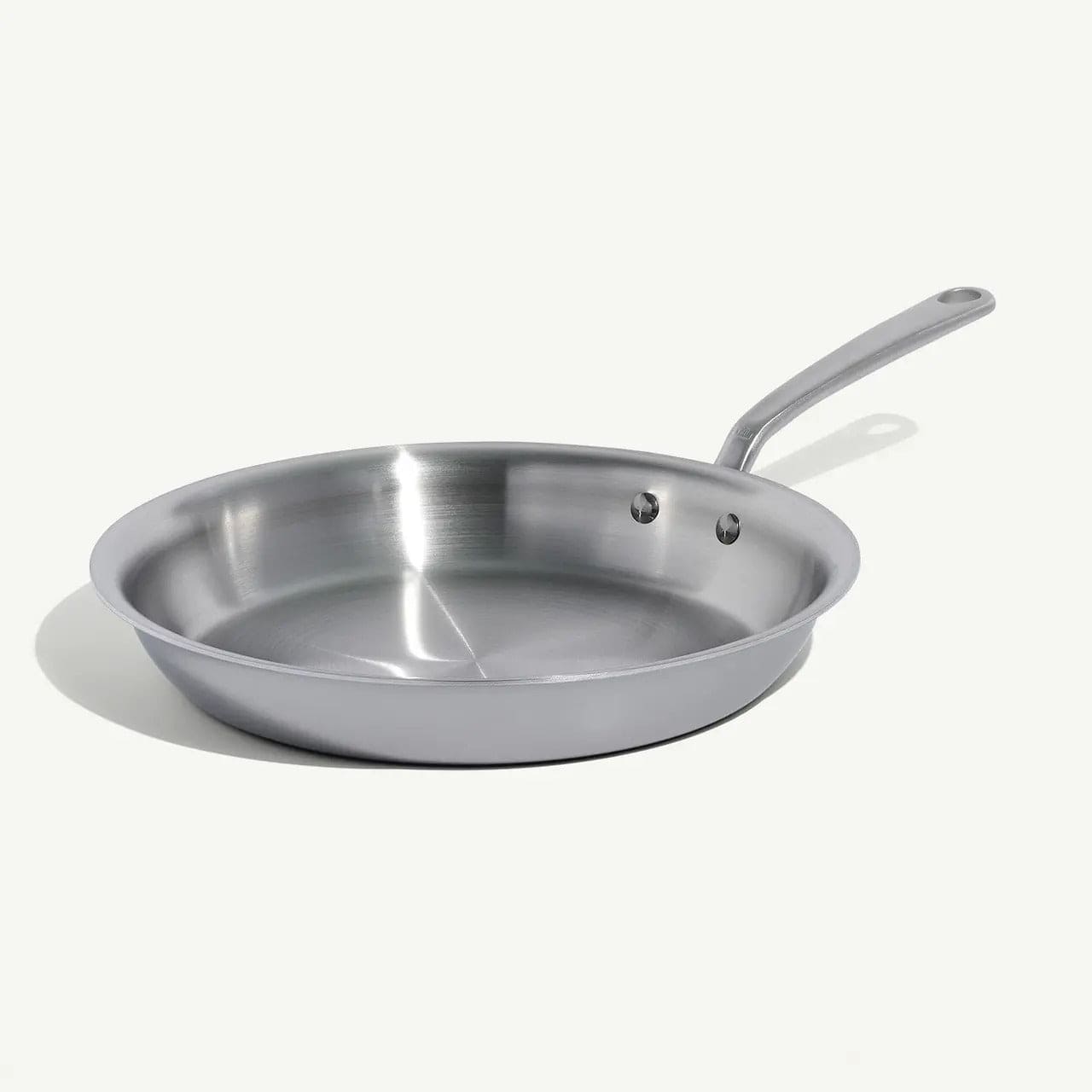 12 stainless steel frying pan with a long handle and polished interior