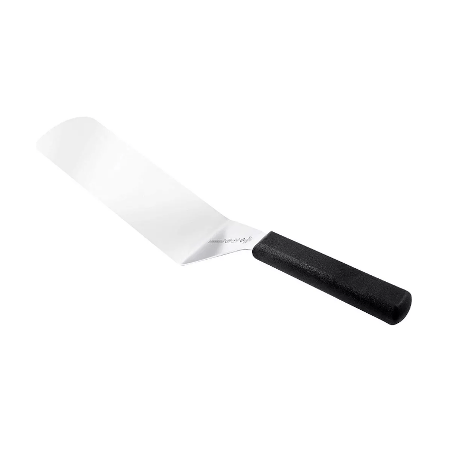 Mundial 8 x 3 stainless steel turner with a wide angled blade and a textured black handle
