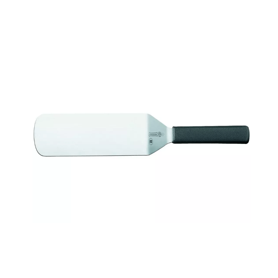 Mundial 8 x 3 stainless steel turner with a wide flat blade and a black ergonomic handle