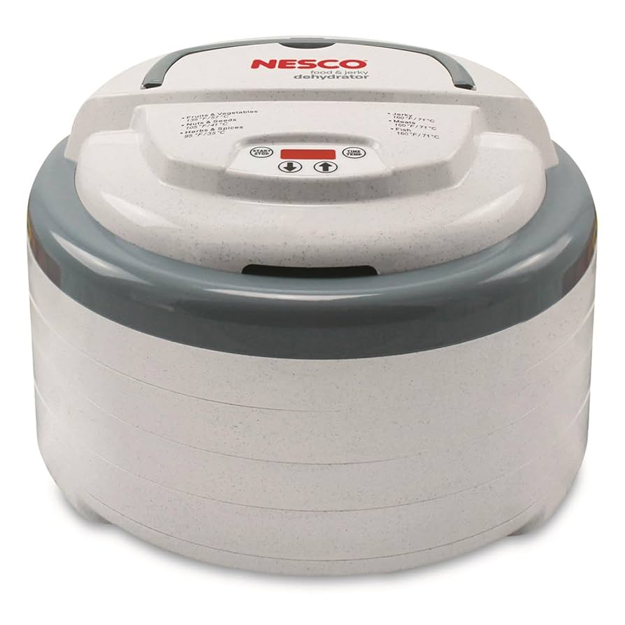 White and gray Nesco Snackmaster 4-Tray Digital Dehydrator with a top-mounted digital display and controls