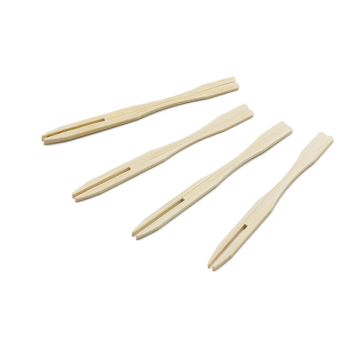Four light brown 3 5-inch bamboo fork picks fanned out on a white background
