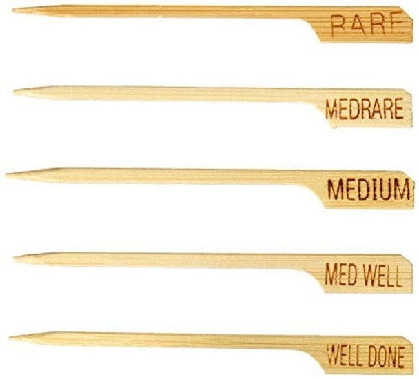 Five 3 5 natural bamboo steak markers each engraved with a different doneness level RARE MED RARE MEDIUM MED WELL WELL