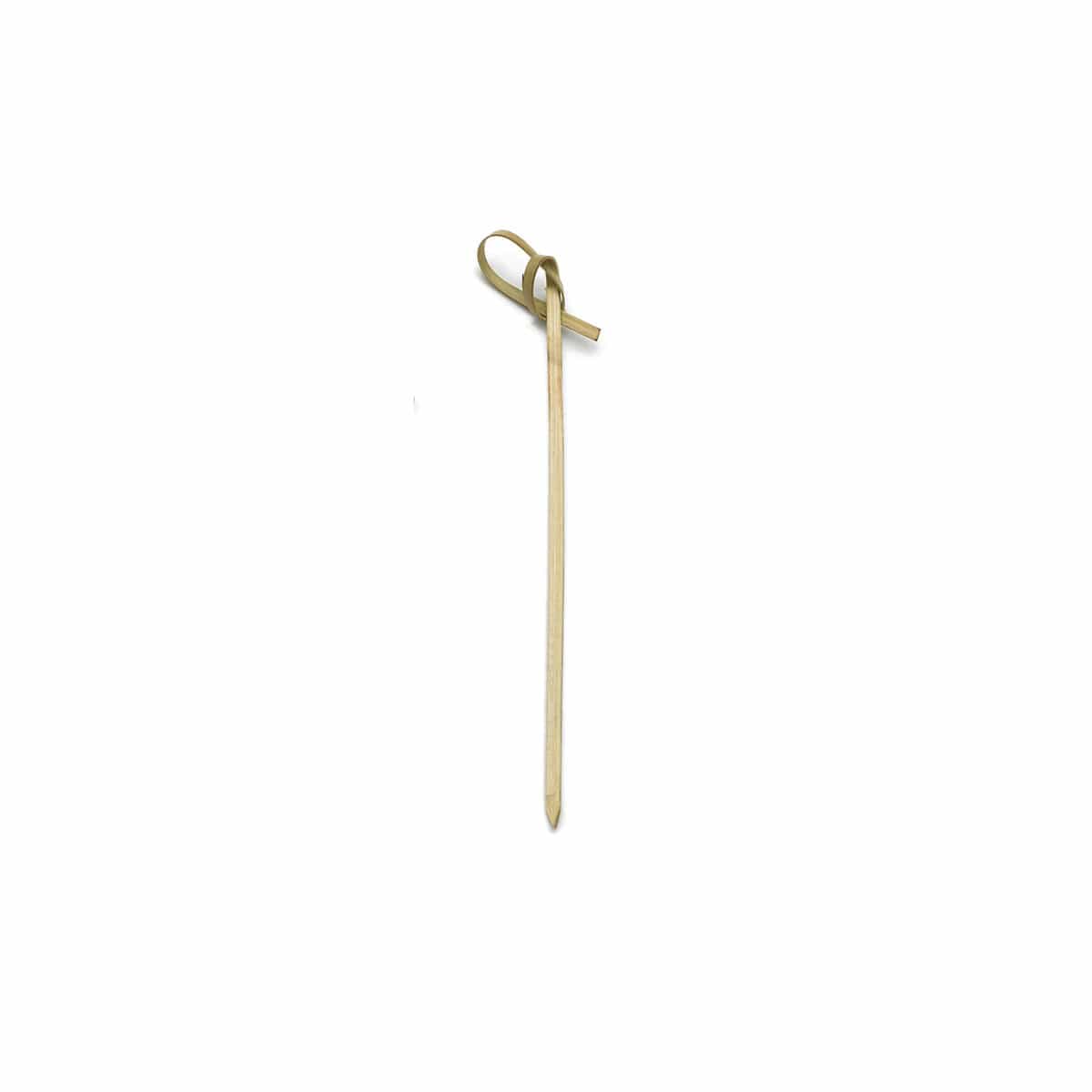 Single 4 5 inch natural light brown bamboo pick with a decorative knot at the top and a pointed end