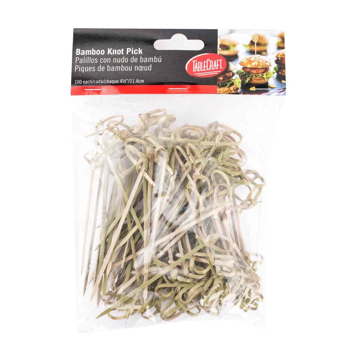 Pack of 100 4 5-inch knotted natural bamboo picks in clear packaging ideal for BBQ and appetizers