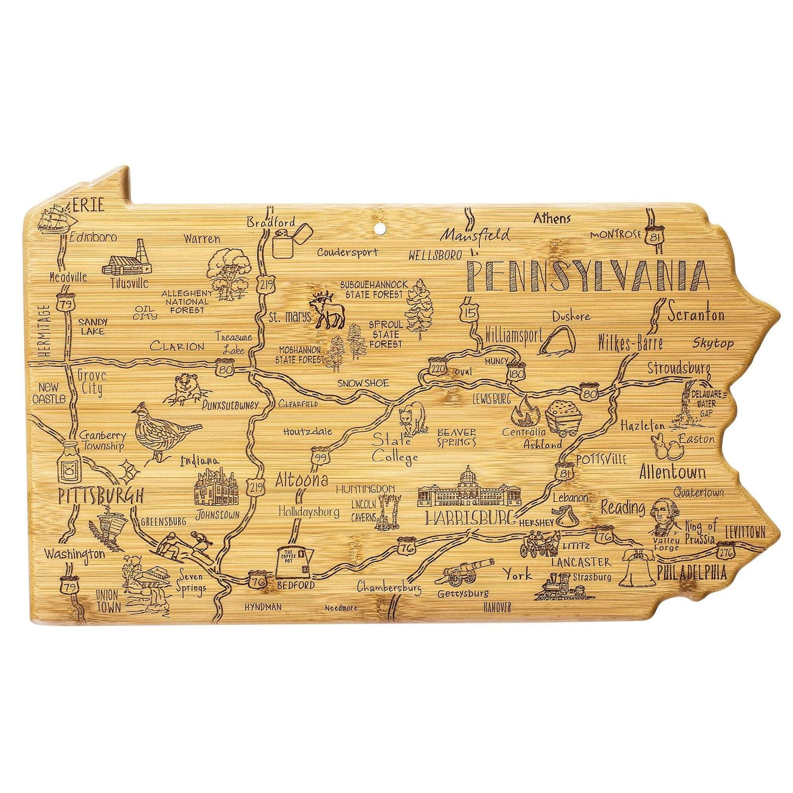 Destination Pennsylvania State Shaped Bamboo Serving and Cutting Board