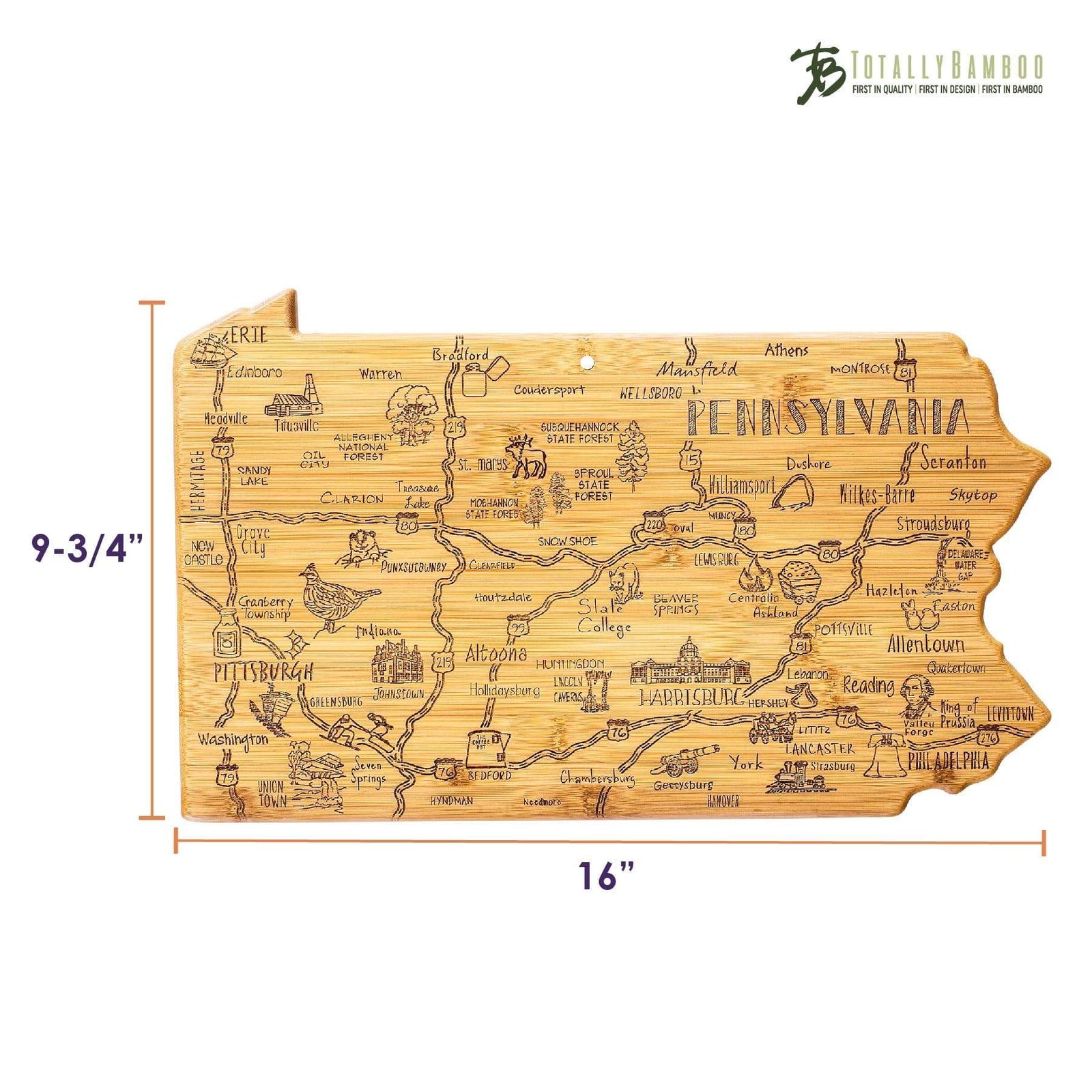 Destination Pennsylvania State Shaped Bamboo Serving and Cutting Board