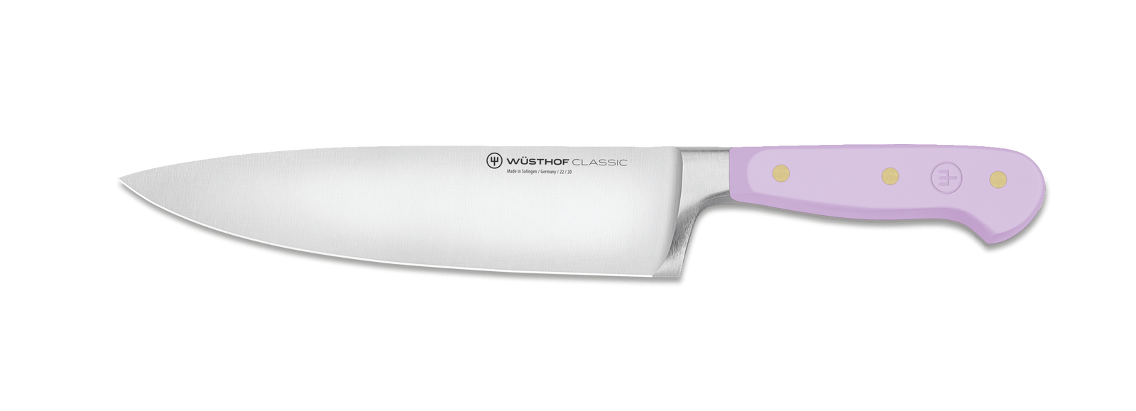 Wusthof Classic 8 Chefs Knife with a silver blade and a lavender handle featuring three gold rivets