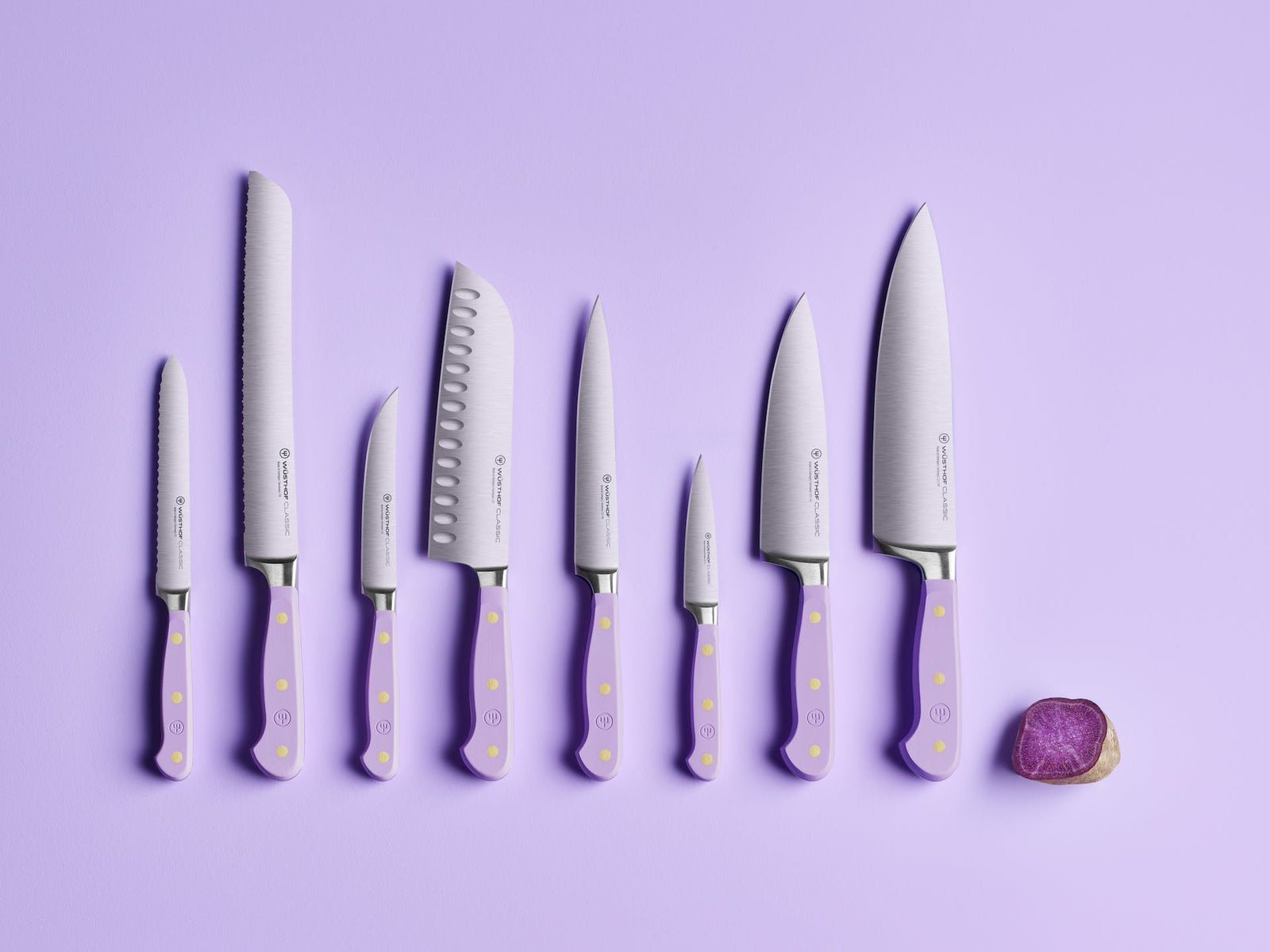 Eight Wusthof Classic knives with lavender handles and light-colored blades arranged on a lavender surface