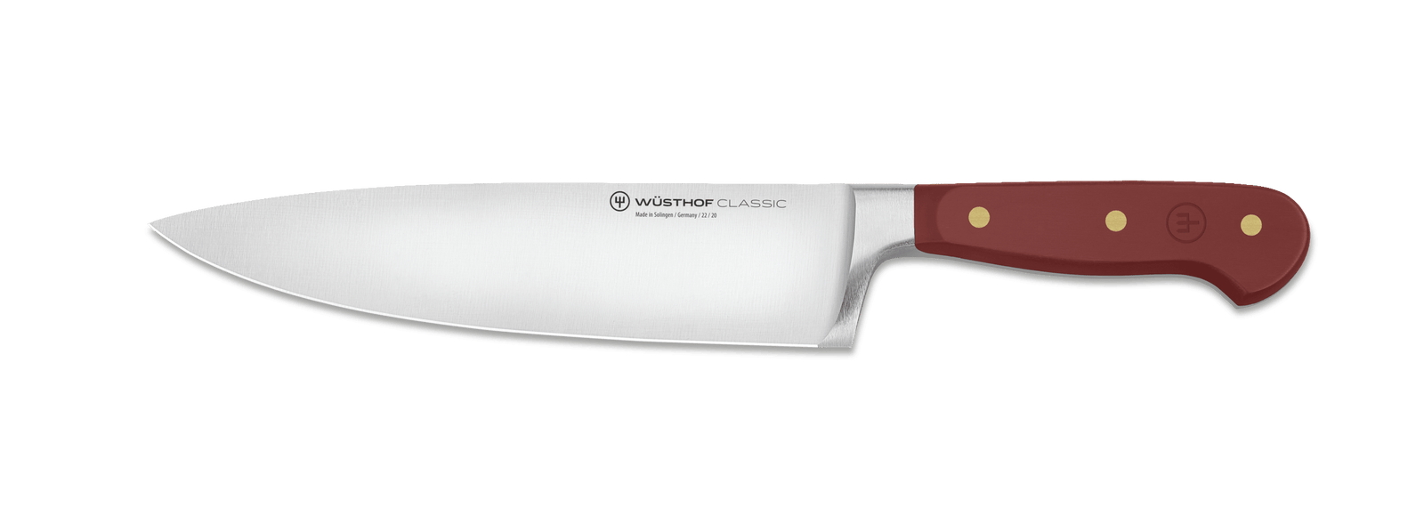 Wusthof Classic 8 Chefs Knife with a stainless steel blade and a sumac red handle with three gold rivets