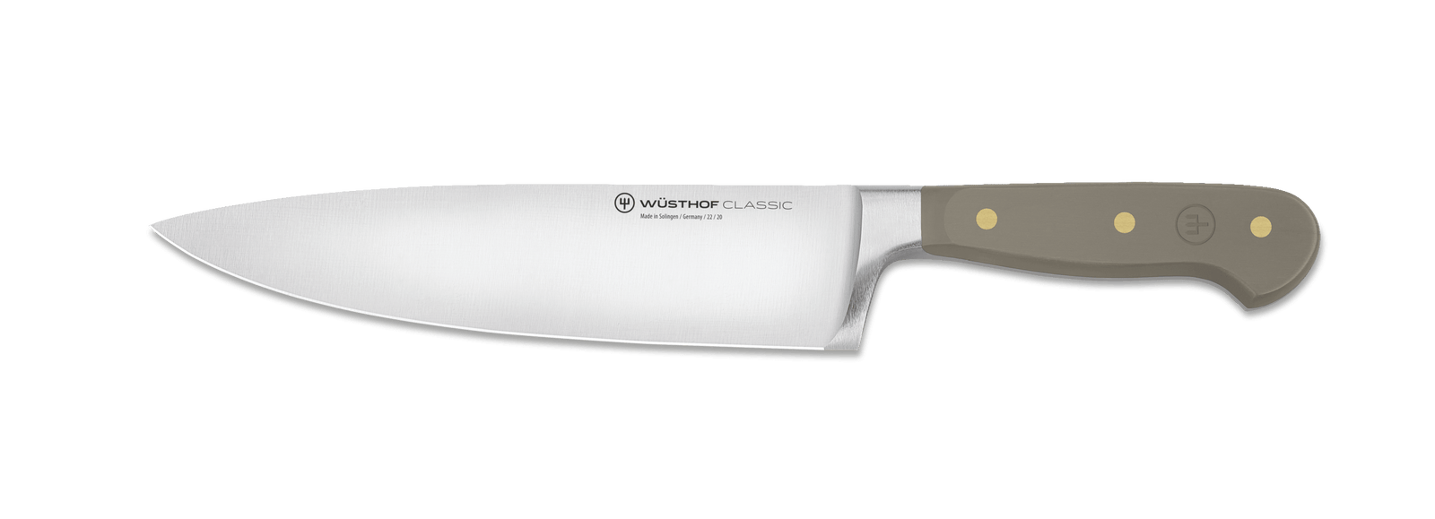 Wusthof Classic 8 Chefs Knife with a silver blade and a velvet oyster handle with three gold rivets