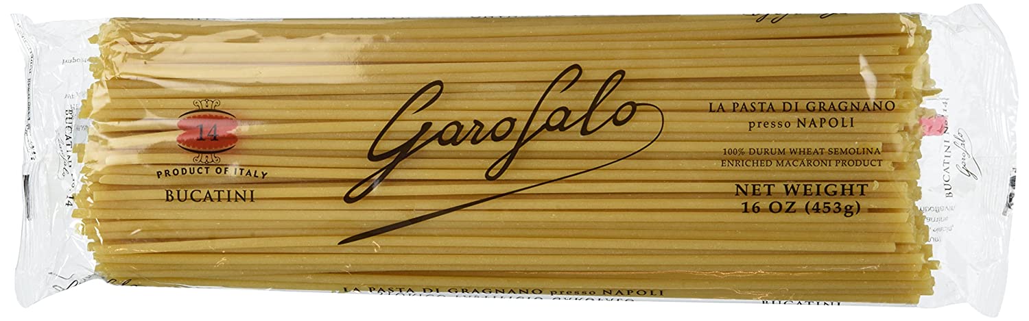 Garofalo Bucatini Pasta 14 16 oz in clear plastic packaging The long thin pasta is light yellow-brown