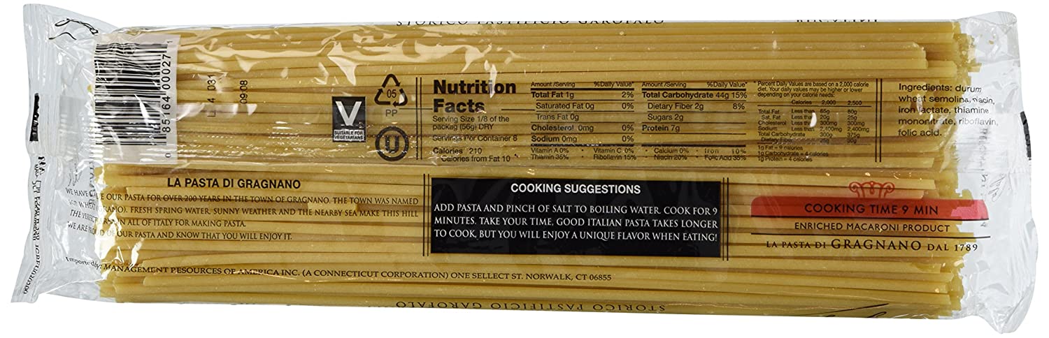 Package of Garofalo Bucatini pasta with nutrition facts and cooking suggestions visible through the clear wrapper