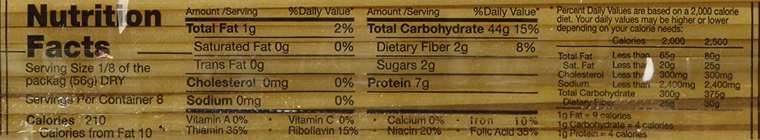 Nutrition facts for Garofalo Bucatini Pasta 14 showing total fat carbohydrates and protein content