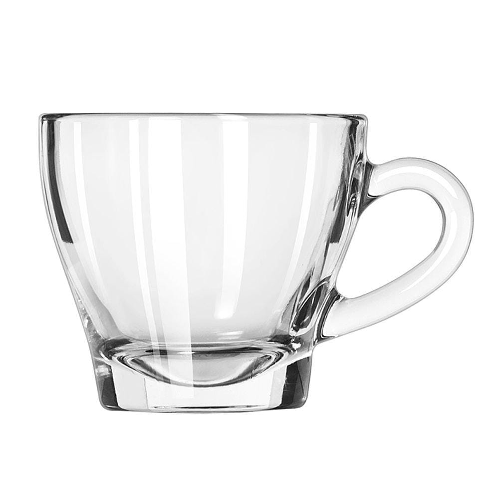 Clear glass teacup with a wide rim tapered body thick base and a C-shaped handle