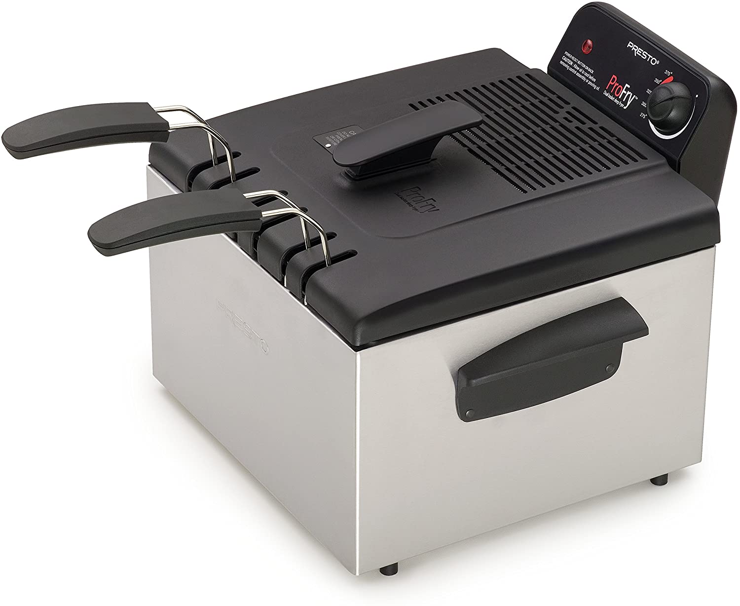 Presto stainless steel deep fryer with black lid and two fryer baskets plus a temperature control dial