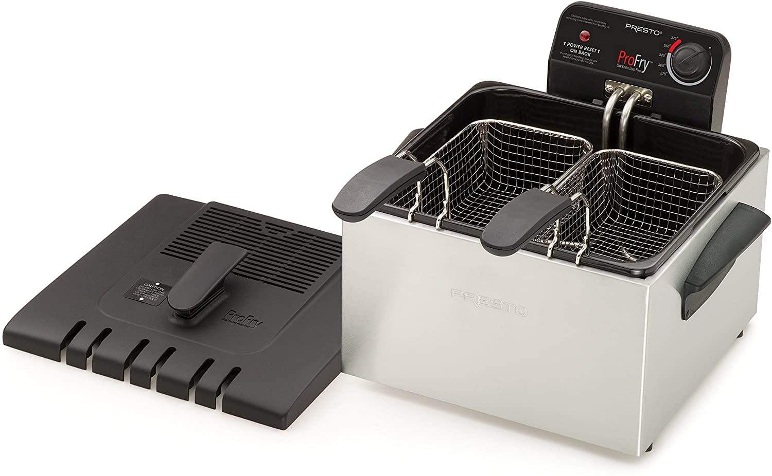 Presto Stainless Steel Dual Basket ProFry Specialty Appliance with two wire fry baskets and a black base