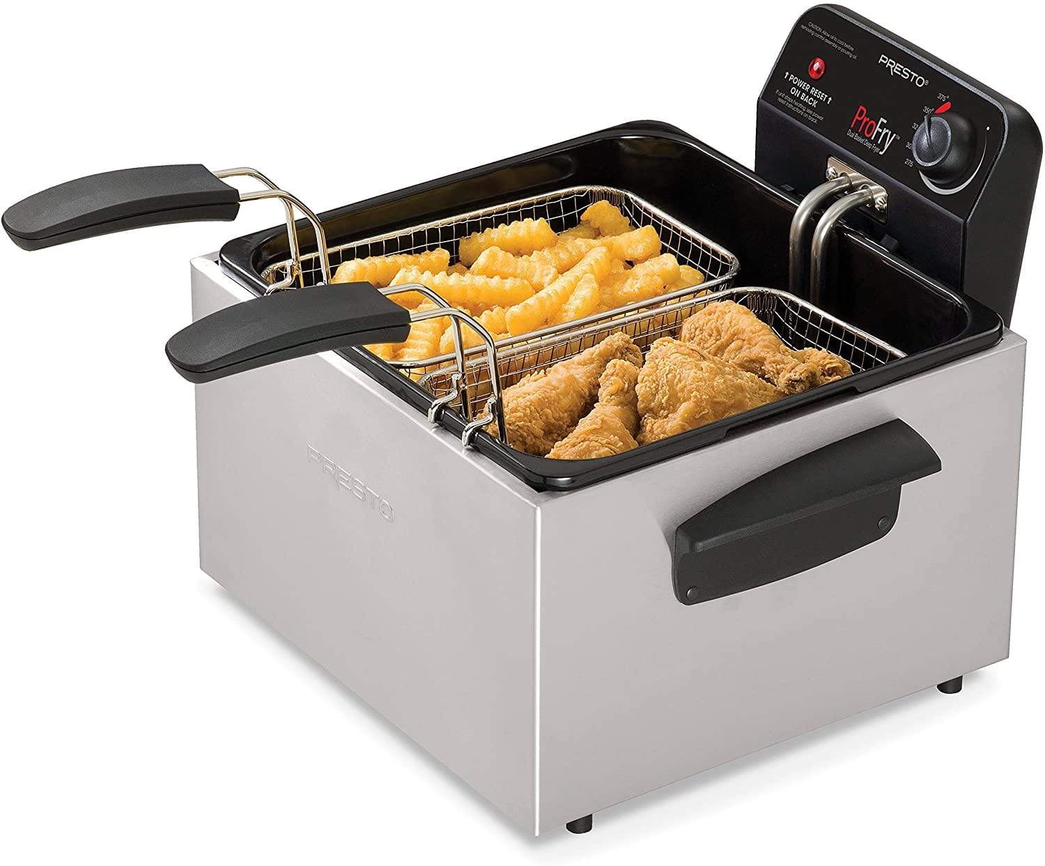 Presto stainless steel deep fryer with dual baskets one holding fries the other fried chicken
