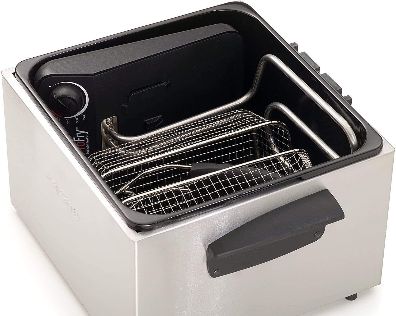 Presto ProFry stainless steel dual basket deep fryer with black trim showing the interior heating element