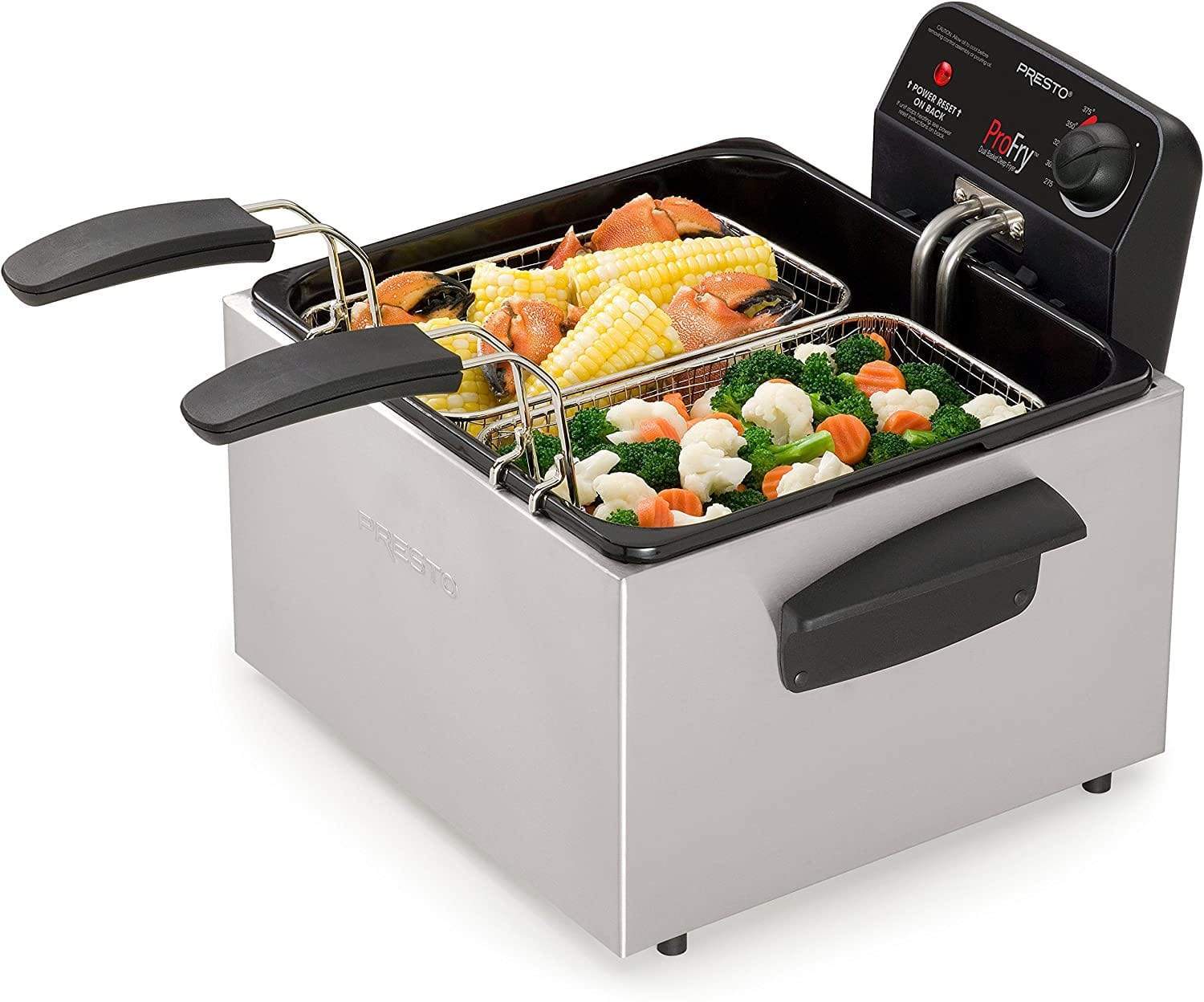 Stainless steel dual basket ProFry specialty appliance with vegetables and crab legs in the baskets