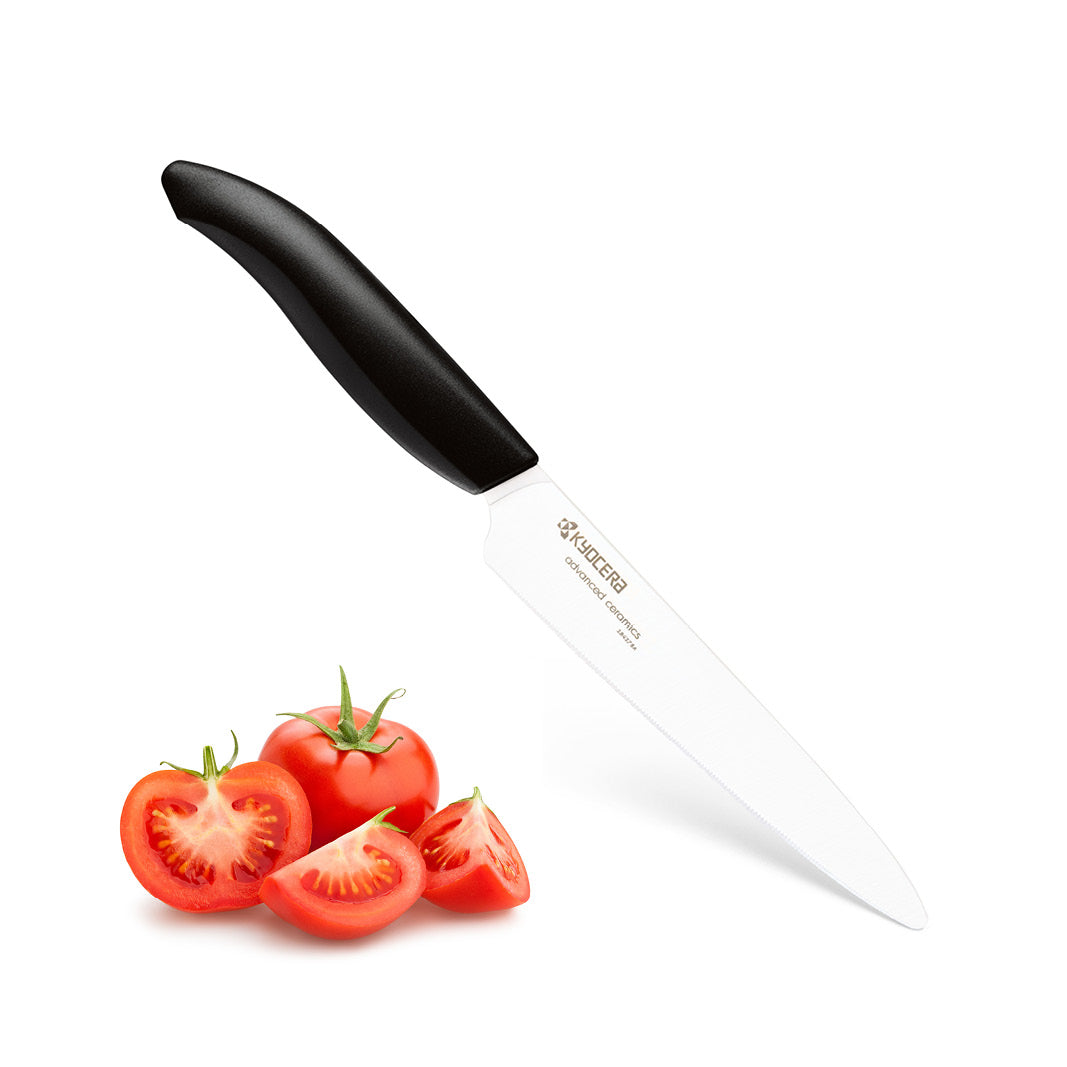 Kyocera Revolution 5 tomato knife with a white ceramic micro-serrated blade and a black ergonomic handle
