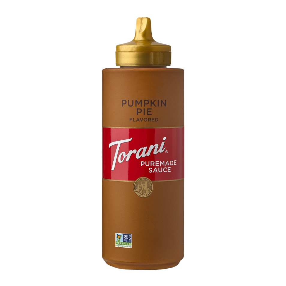 Torani Puremade Pumpkin Pie Flavored Sauce a brown squeeze bottle with a gold lid and red label Non-GMO Verified