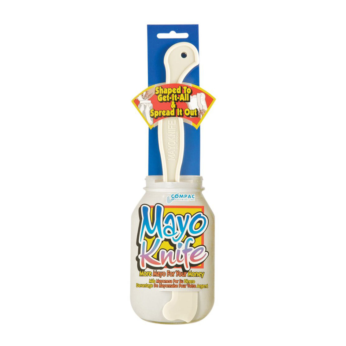 Cream Mayo Knife jar scraper with a long handle and a shaped head packaged with a blue backer card