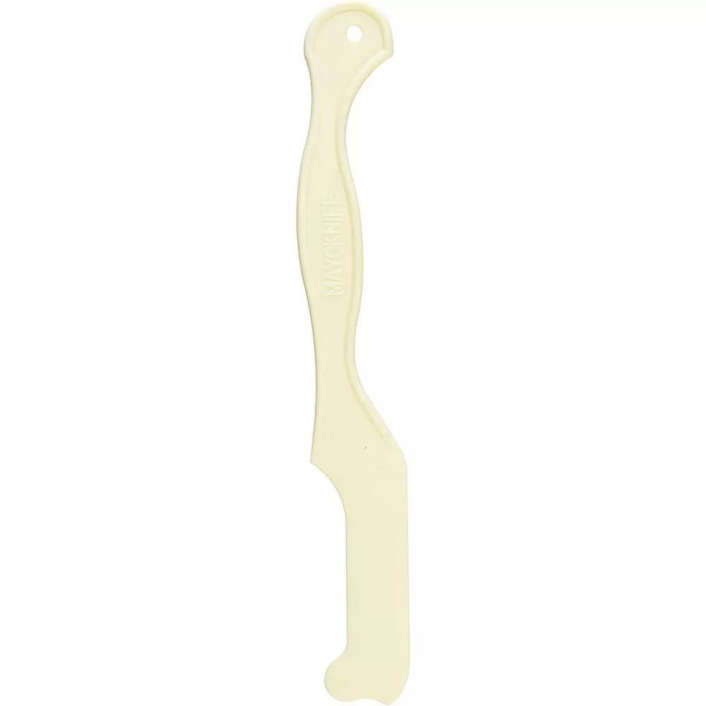 Light beige plastic MAYOKNIFE spatula with a curved handle and a small hole for hanging