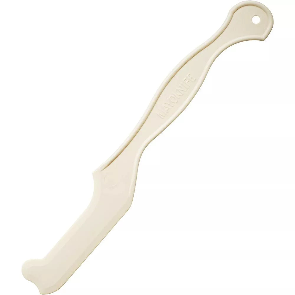 Off-white plastic MAYO KNIFE spatula with a curved handle a wide scraping blade and a small hanging hole
