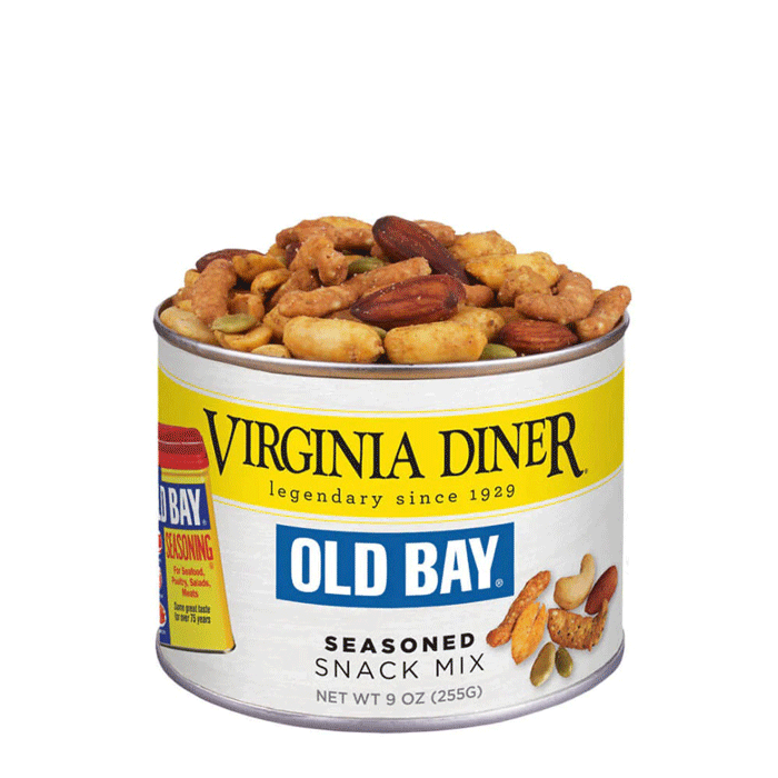 Virginia Diner Old Bay Seasoned Snack Mix 9 oz can filled with various nuts and snacks