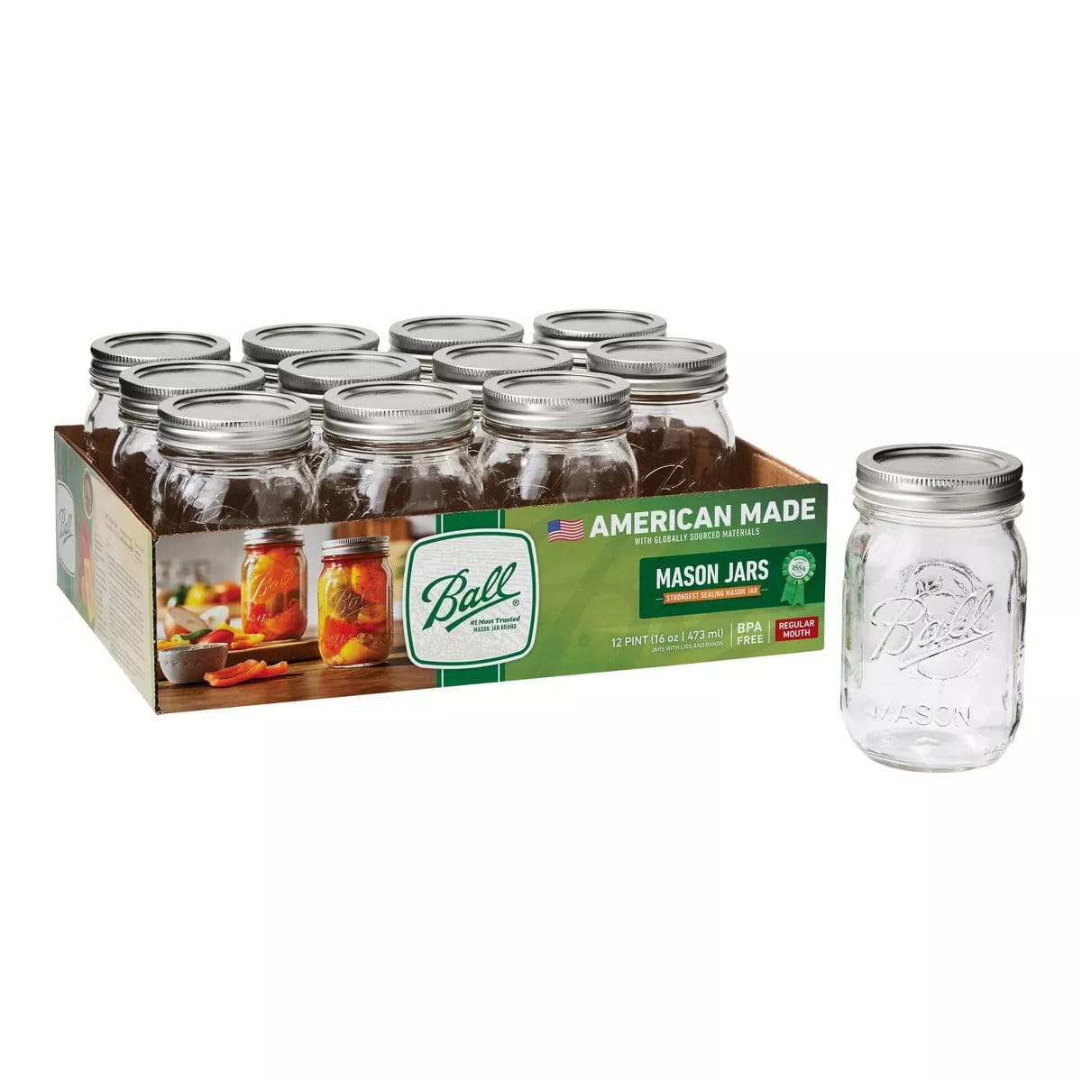 Ball® Glass Storage Ball Regular Mouth Pint Mason Jars With Lids (Set Of 12)