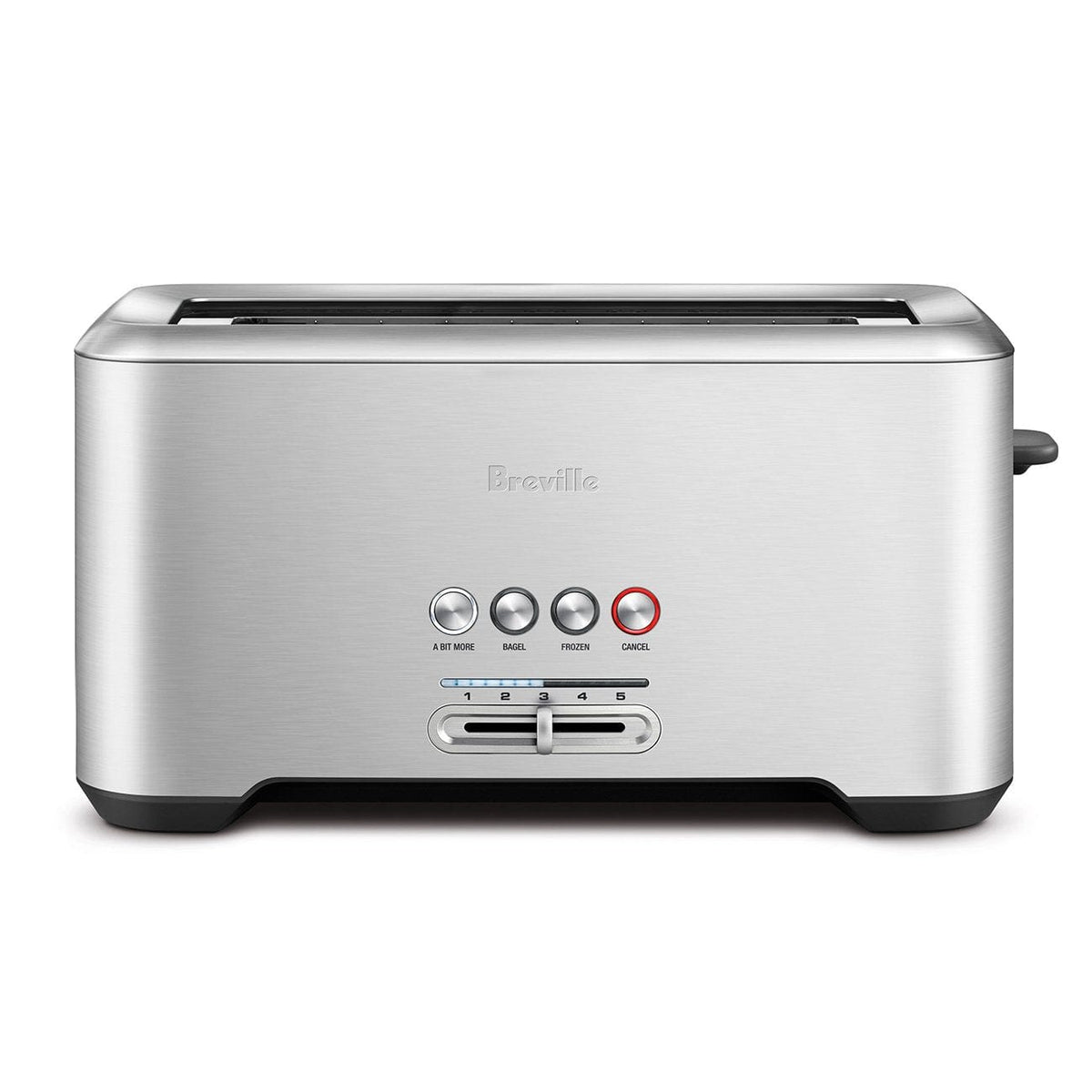 Breville A Bit More 2-slice toaster in brushed stainless steel with multiple buttons and browning control
