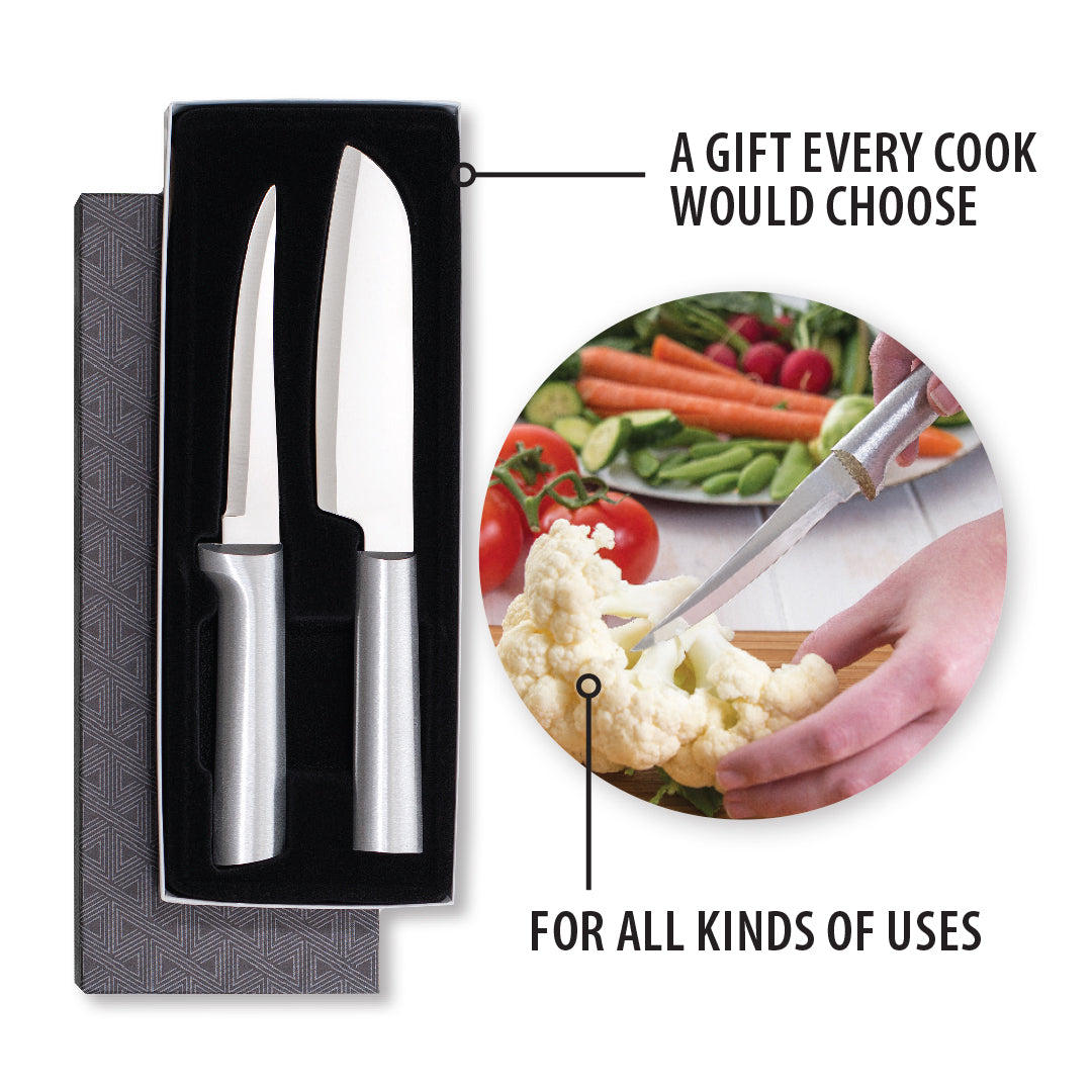 Stainless steel paring and chefs knives set displayed in a gift box shown cutting cauliflower