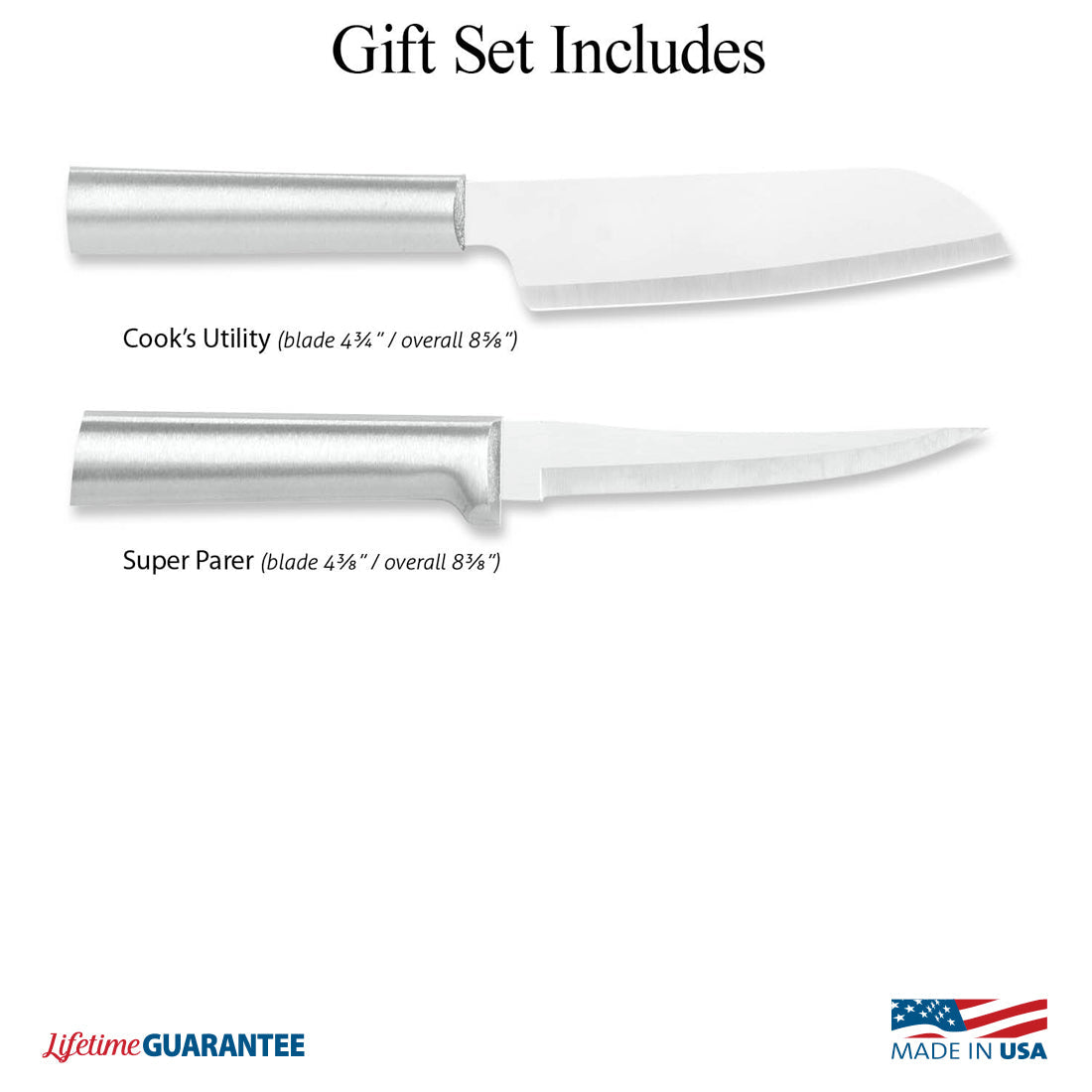 2-piece stainless steel knife set with black handles in a grey foam-lined gift box with geometric pattern trim