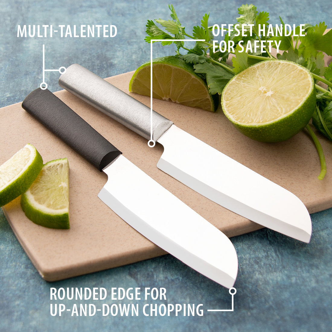 Zyliss 5-inch Santoku Knife with a black handle and stainless steel blade on a wooden cutting board