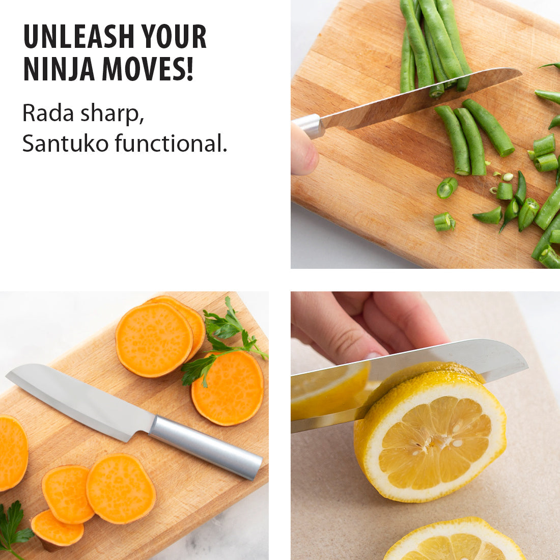 Stainless steel chefs knife on a light wooden cutting board with sliced peaches nearby